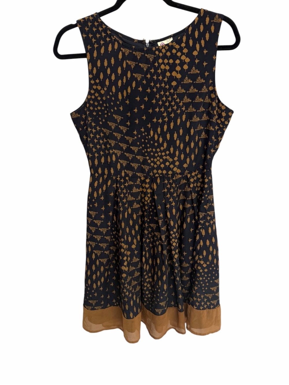Emmelee Taj Mahal Phoenix Print Black Dress Sleeveless Bronze Pattern Medium